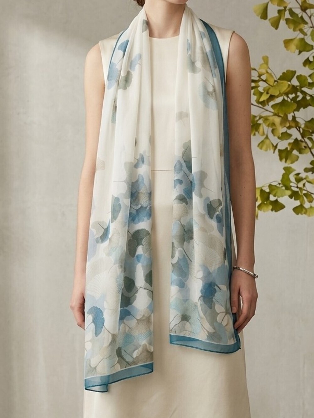 NWT Ginkgo Leaf Print Sheer Satin Neck Scarf Wrap Shawl, Teal & White 63" × 20"